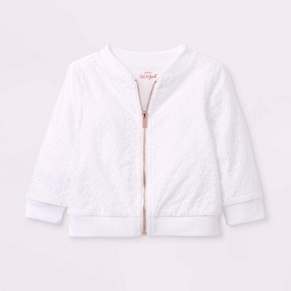 Cat and Jack light weight, white, eyelet bomber jacket - rose gold zipper